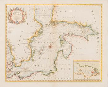 SJÖKORT, handkolorerat kopparstick, Nicholas Tindal (1687-1774) & Paul de Rapin (1661-1725), London cirka 1760.