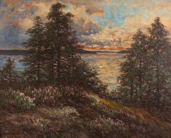 Severin Nilson, Twilight Landscape with Spruces and Lake.