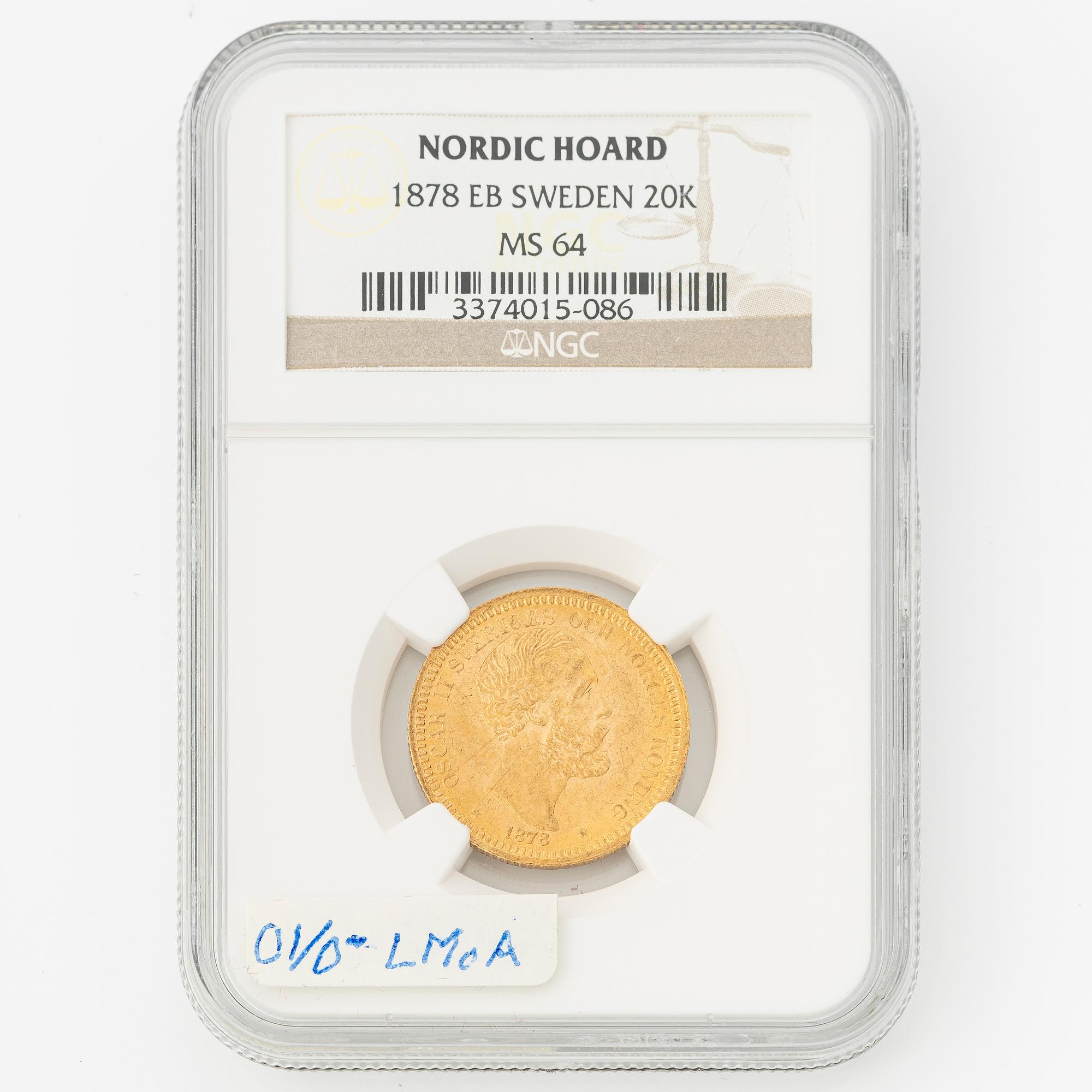 Guldmynt, Oscar II, 20 kronor, typ III, Sverige 1878.