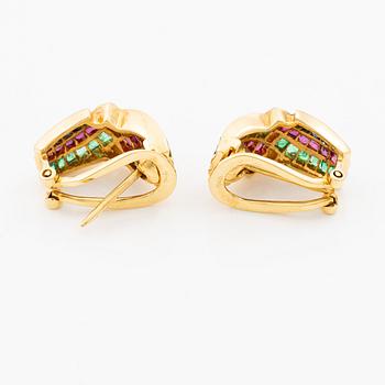Earrings, a pair, 18K gold set with brilliant-cut diamonds, emeralds, rubies and sapphires.