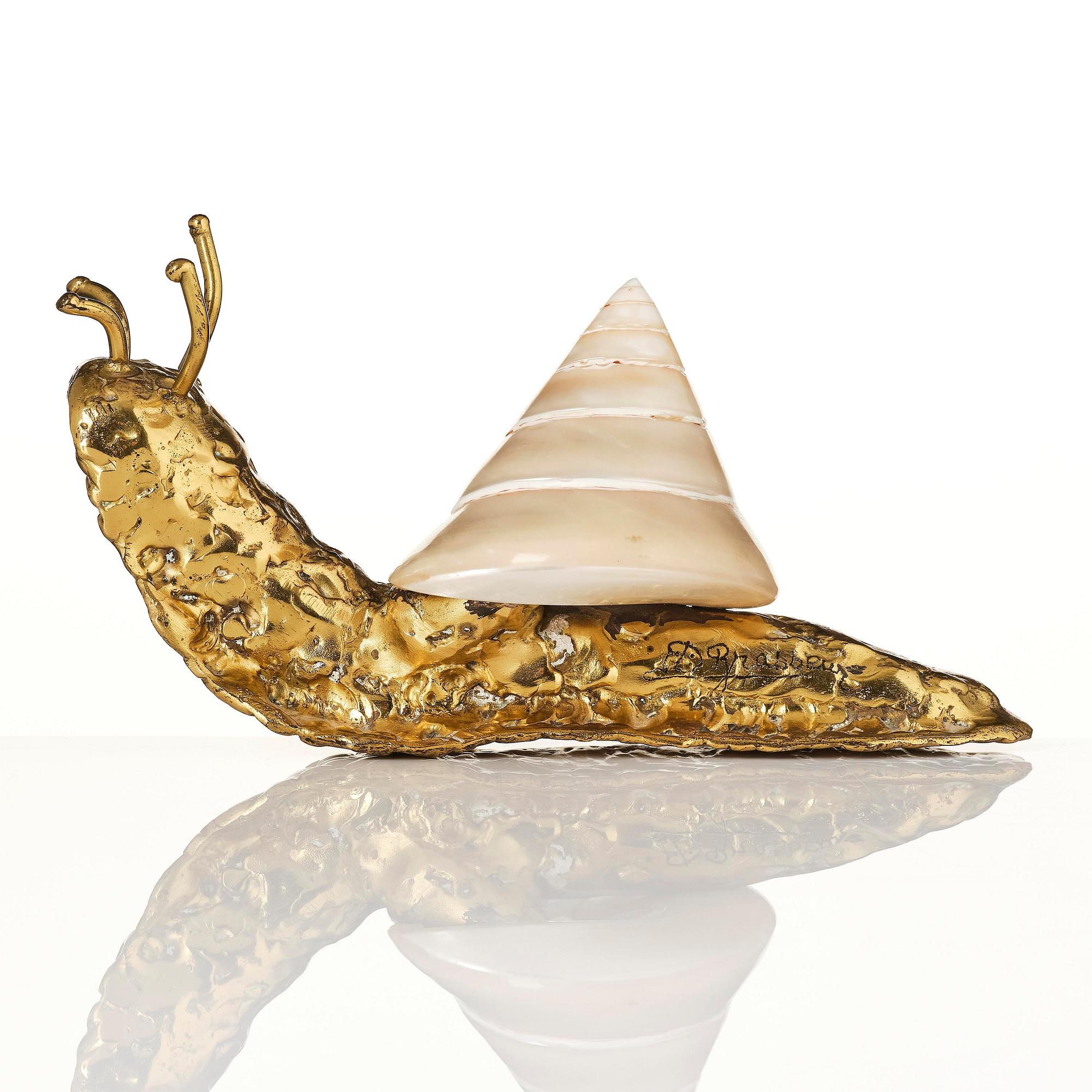 Jacques Duval-Brasseur, skulptur, snigel i brons med snäcka, Frankrike, 1970-tal.