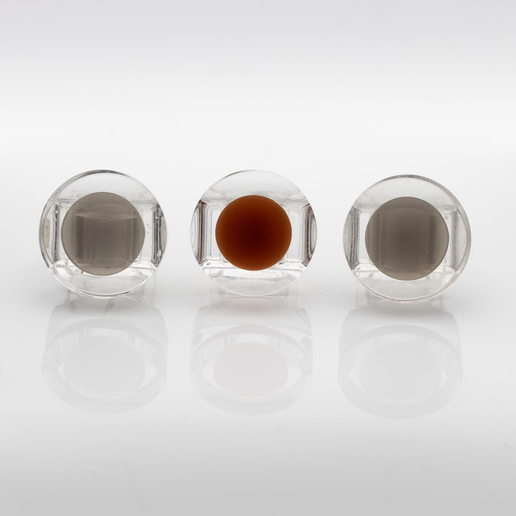 Siv Lagerström, three acrylic plastic rings. Engraved works from the 1970s.
