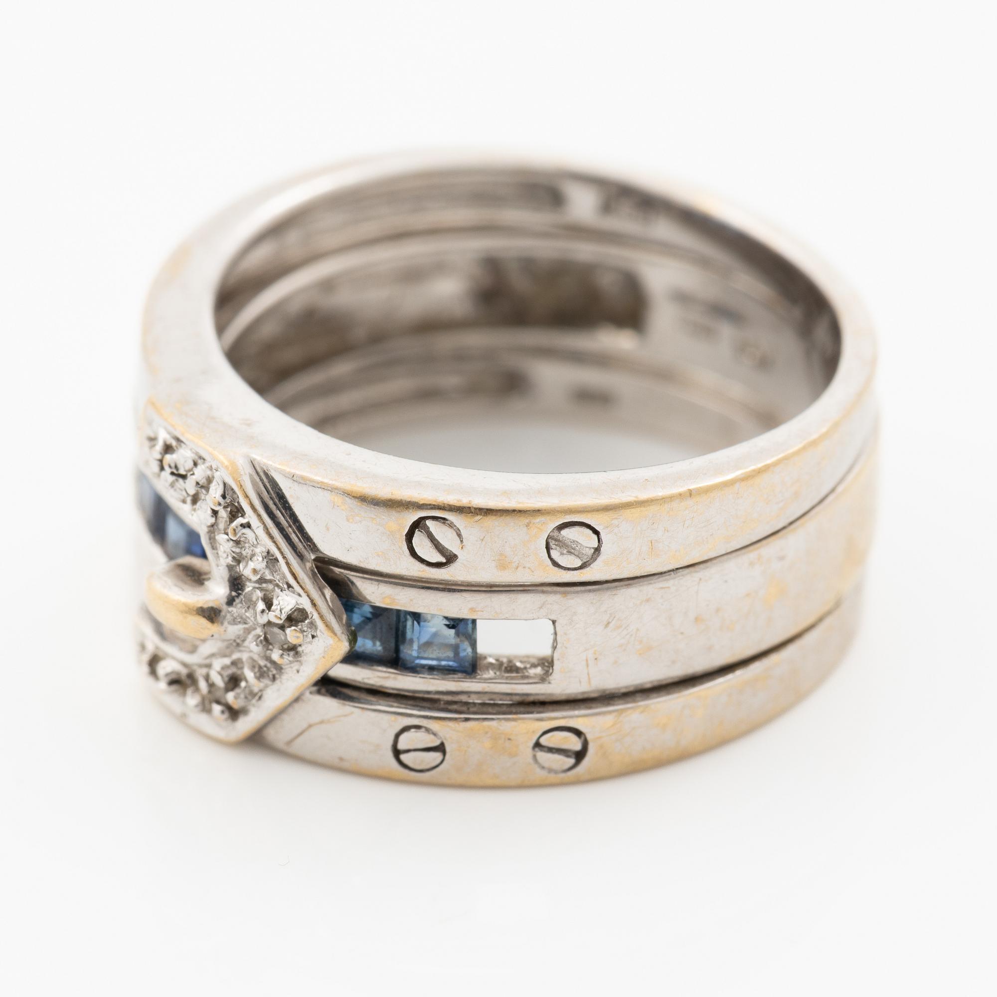 Ring, two-part, 14K white gold with sapphires and small diamonds.