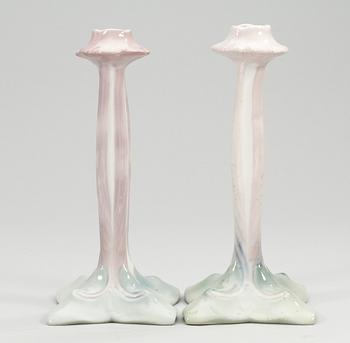 A pair of porcelain art nouveau candlesticks, Rörstrand.