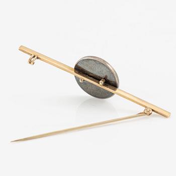 Brooch, gold/silver with blue enamel and monogram set with rose-cut diamonds.
