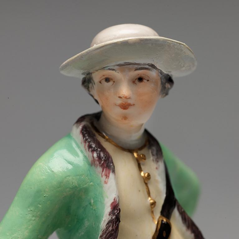 FIGURIN, två stycken, porslin. Meissen, jägare, 1700-tal.