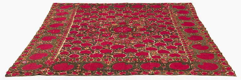 An antique Suzani embroidery, probably Tashkent region, Uzbekistan, 19th century, c. 221 x 184 cm.