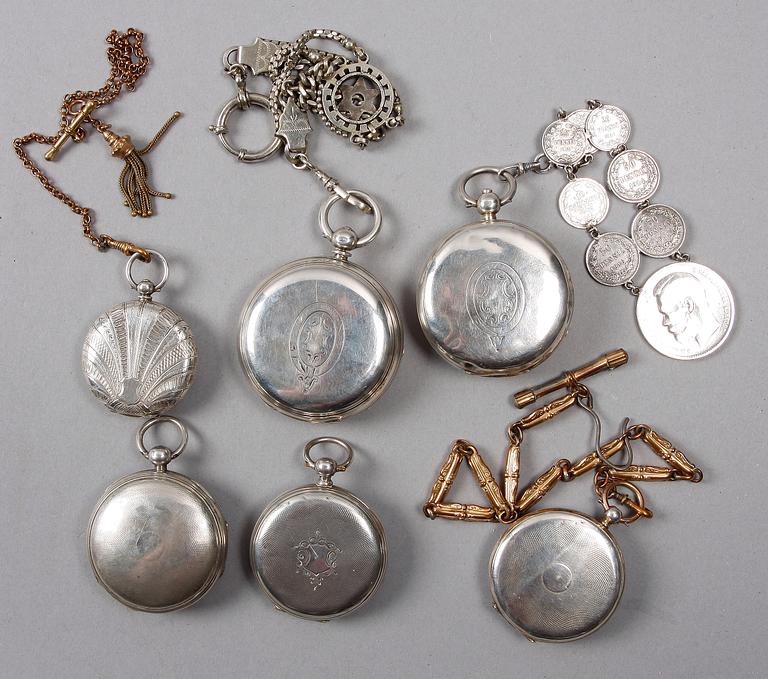 FICKUR, 6 st, mest silver, bla Thomas Russell & Son, England. Sent 1800-tal till tidigt 1900-tal.