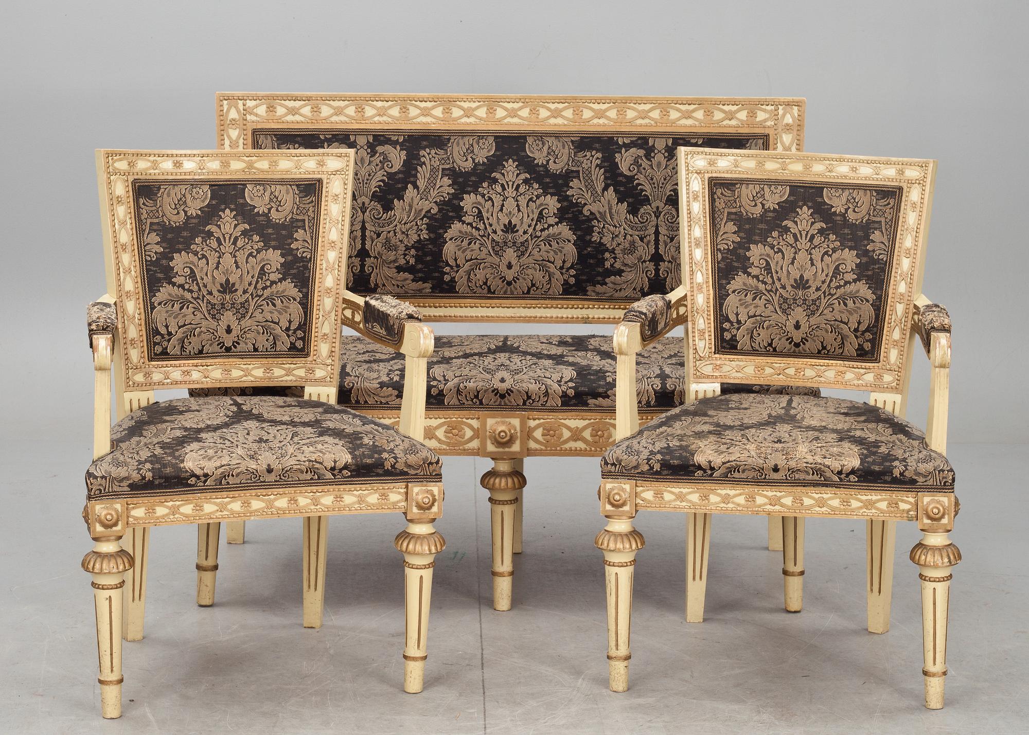 SOFFA och KARMSTOLAR, ett par, gustaviansk stil. Omkring 1900.