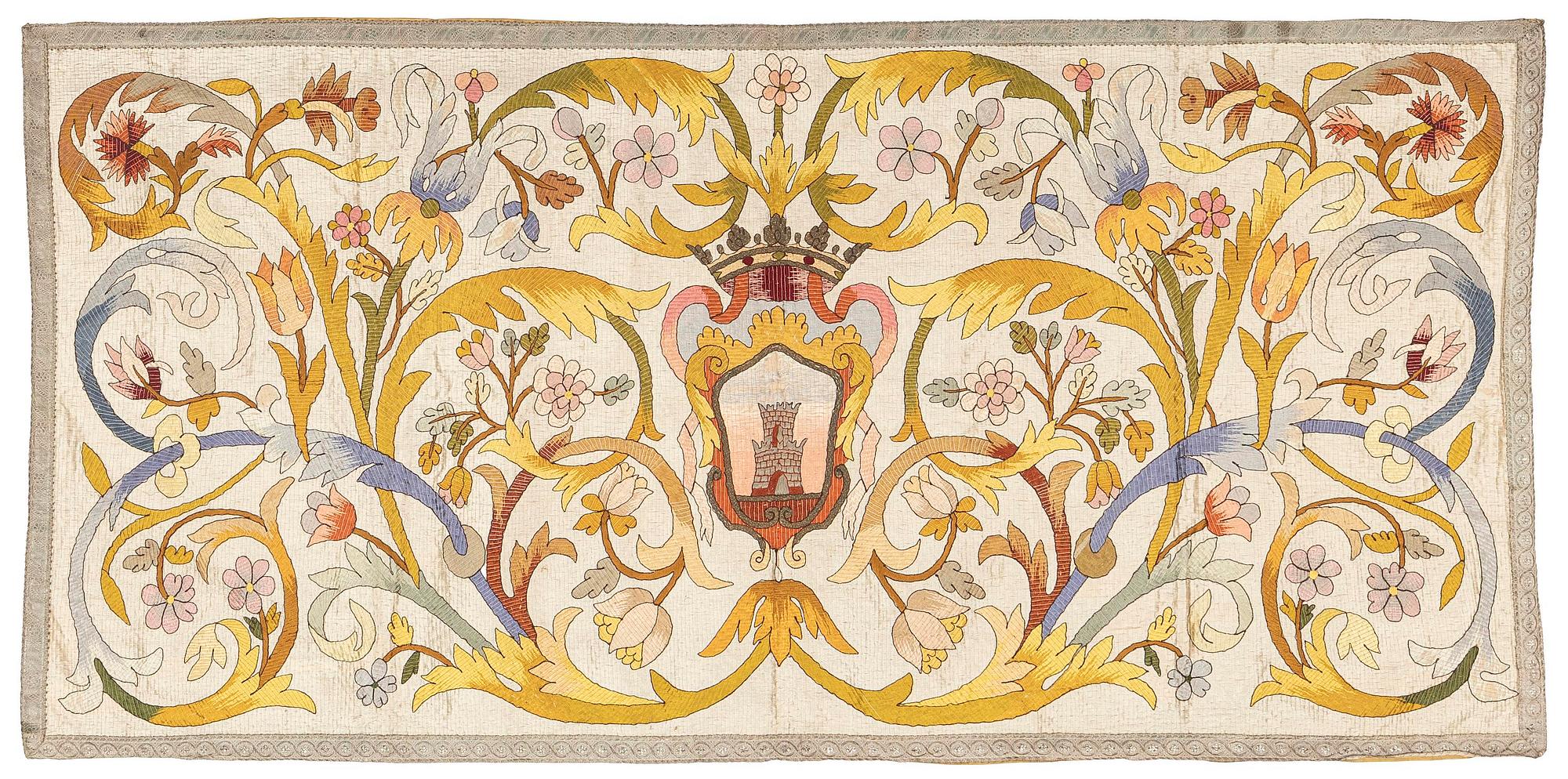 An antique silk embroidery, c. 187 x 88, around the year 1900.