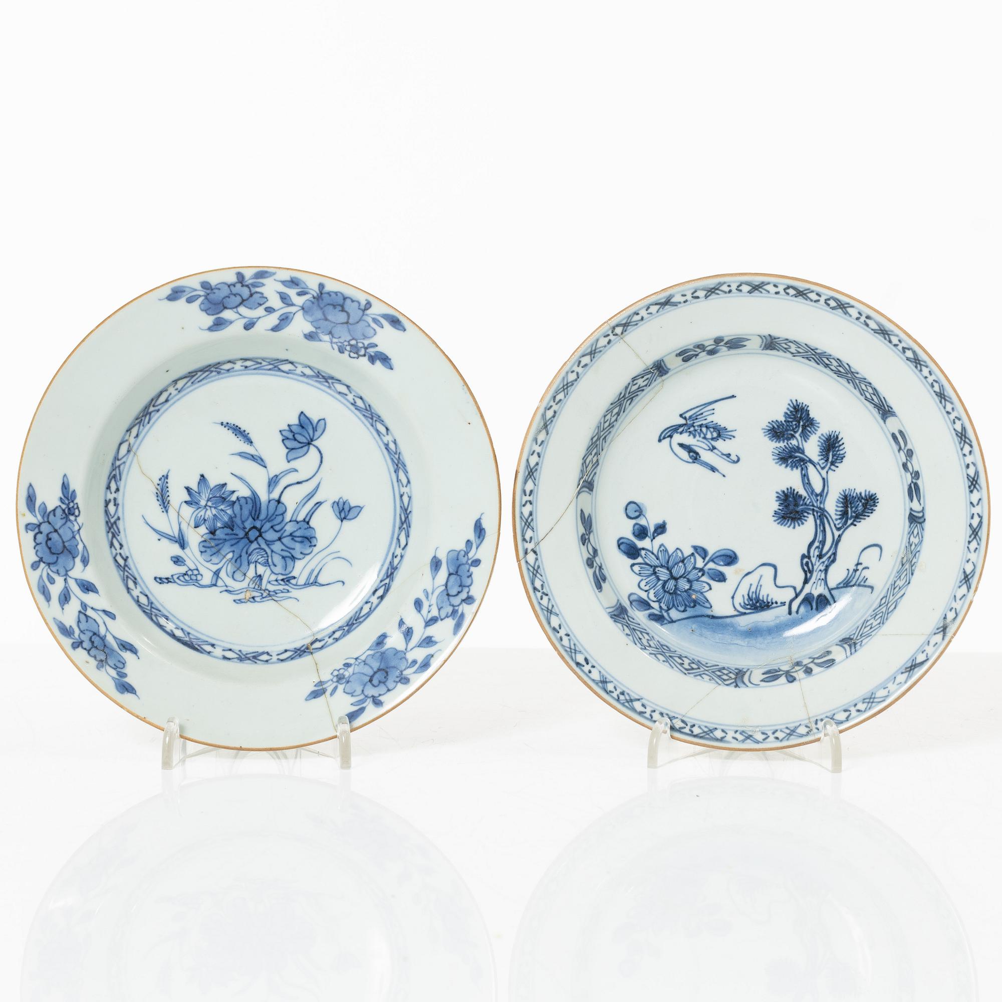 A group of three Chinese blue and white porcelain serving dishes and five dessert plates, Qing dynasty, Qianlong(1736-95.