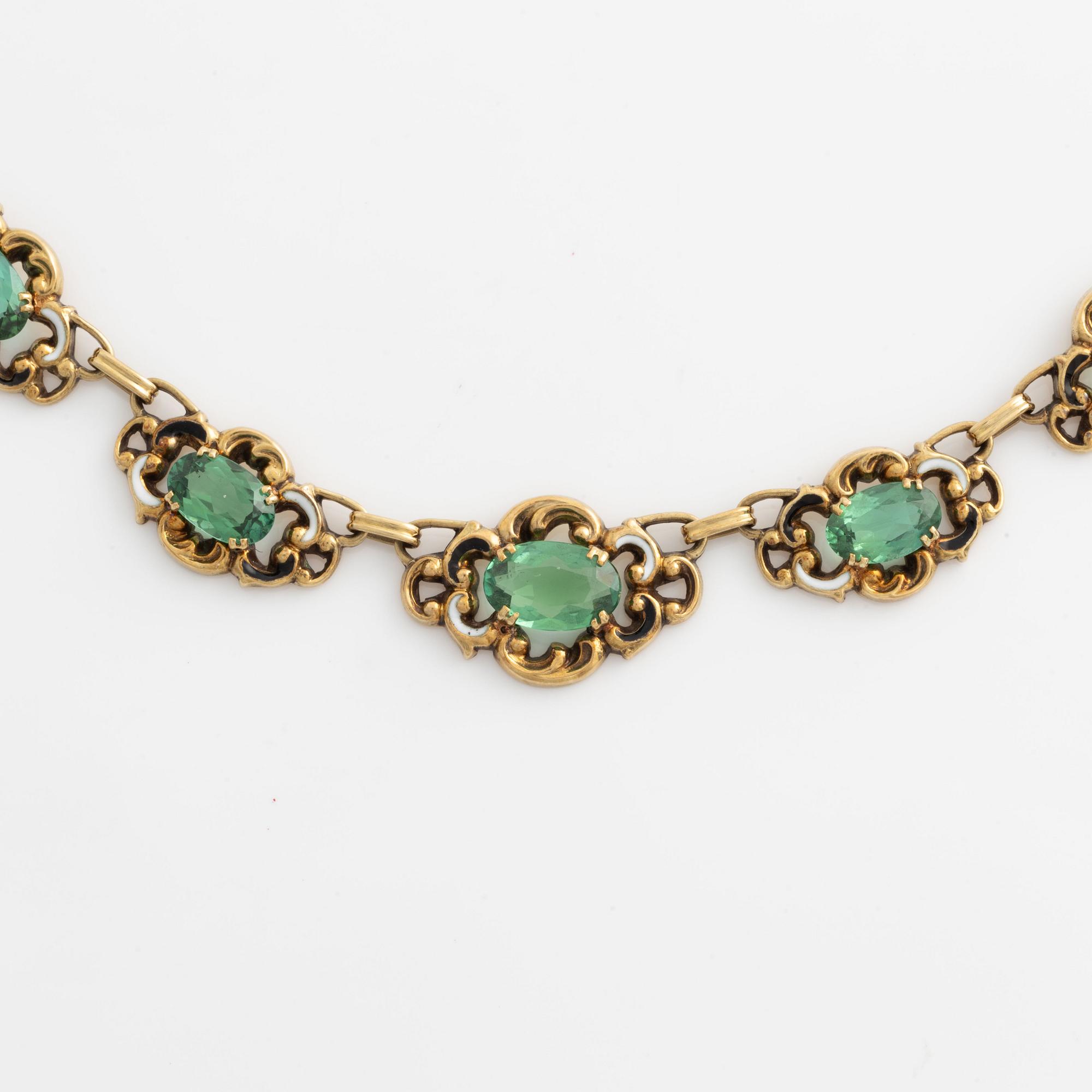 Necklace gold with green tourmalines and enamel.