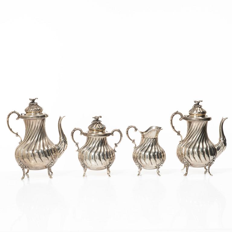 Tea/coffee service, 4 pieces, silver, Rococo style, 20th century.