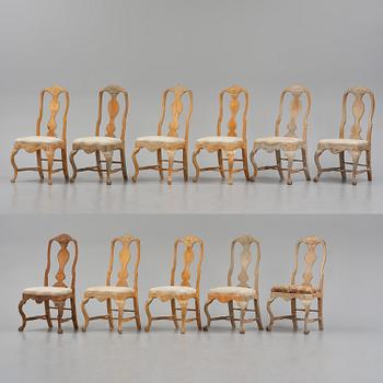 An assembled suite of eleven Swedish rococo chairs, later part 18th century.