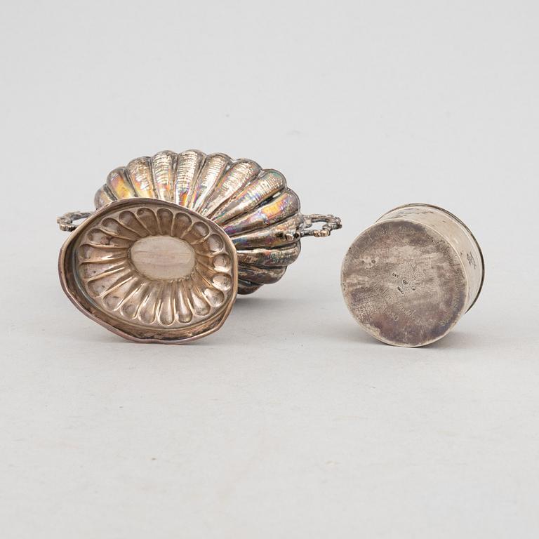 Goblet on foot, hand mirror, and box, silver.
