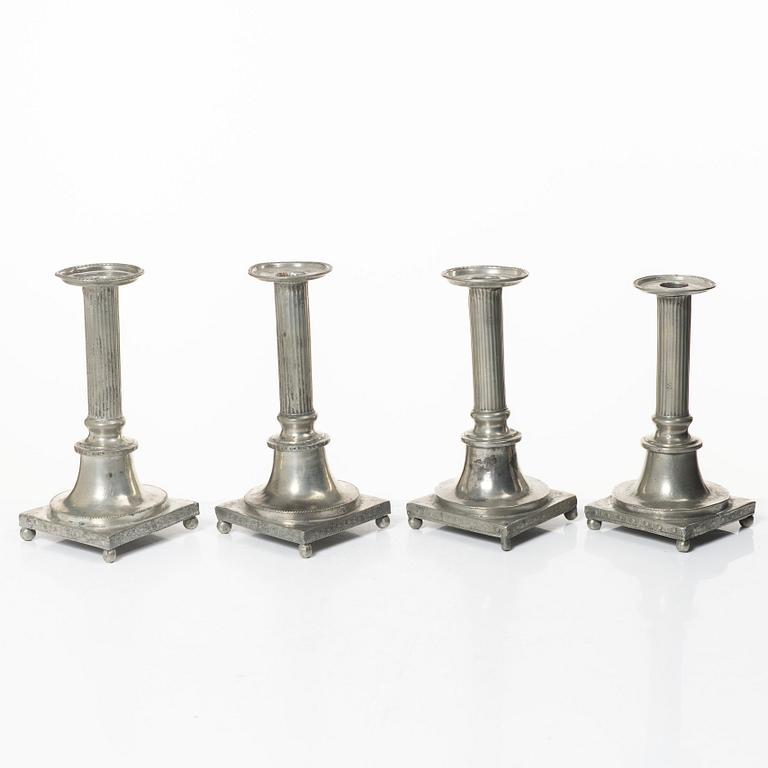Two pairs of late Gustavian Pewter candlesticks by P. Höijer (Örebro 1796-1819).