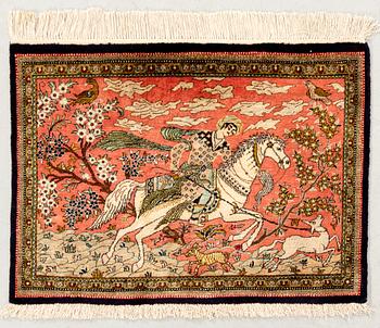 Silk Ghom rug with figurative design, approximately 80x60 cm.