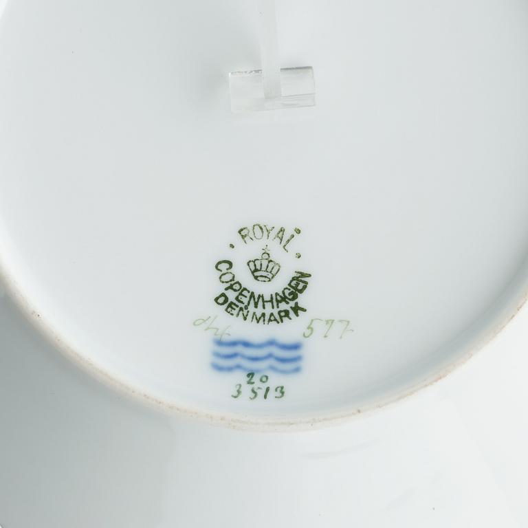 A set with a Royal Copenhagen 'Flora Danica' triangular dish, a sugar bowl with cover and three small dishes, Denmark,