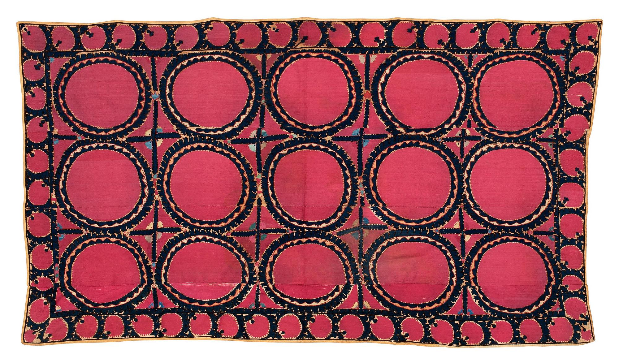 AN ANTIQUE UZBEK SUZANI EMBROIDERY, ca 253,5 x 142 cm (as well as 246x35, 108x9 and 138x7 cm).