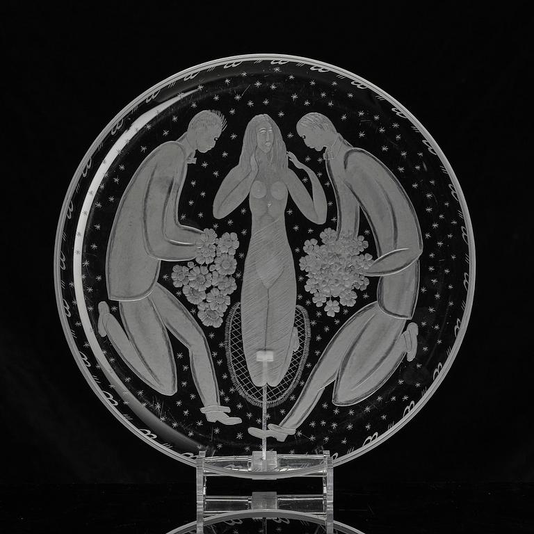 Edward Hald, "Rivalerna", an engraved glass tray, Orrefors, Sweden, ca. 1920.