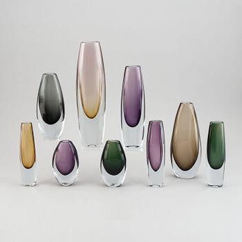 Gunnar Nylund & Asta Strömberg, a set of 9 vases for Strömbergshyttan.