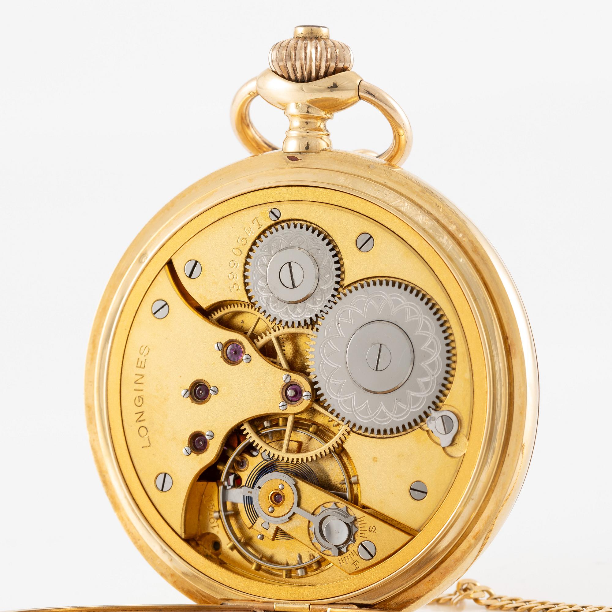 Longines, pocket watch, hunter, 18K gold with chain, 52 mm.