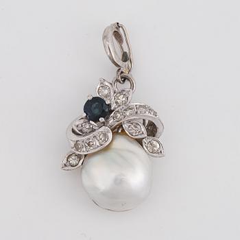 Pearl, sapphire and diamond pendant.