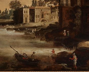 Unknown artist 17/18th Century. River landscape with buildings along the beaches.