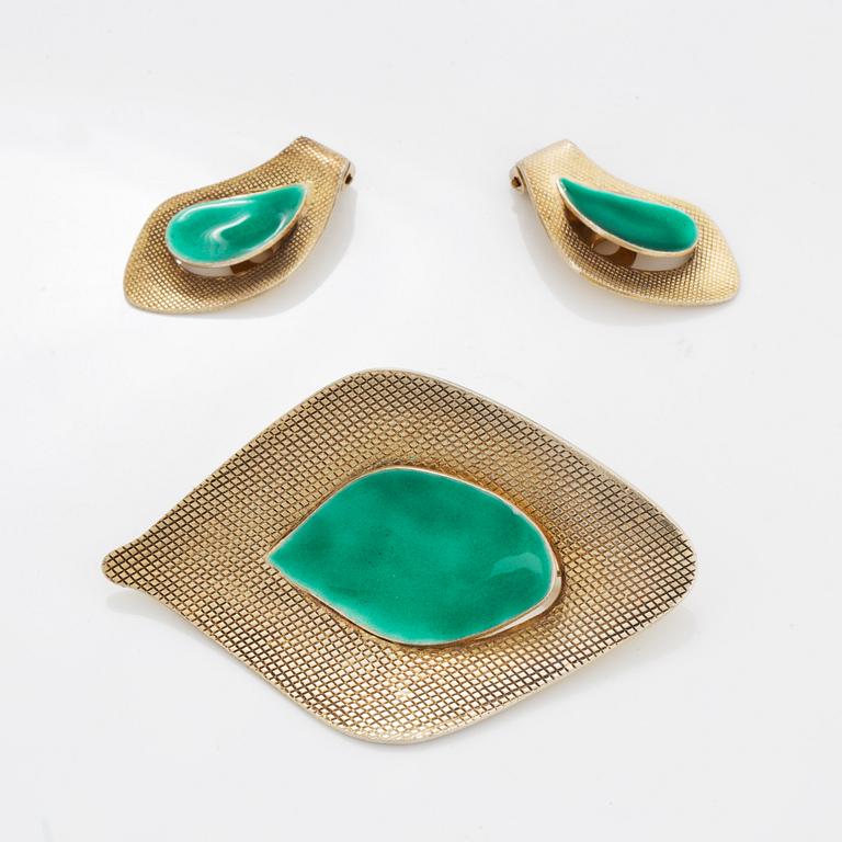 Grete Prytz-Kittelsen for J. Tostrup, sterling silver and green enamel " Med speil" brooch and earrrings, Norway.