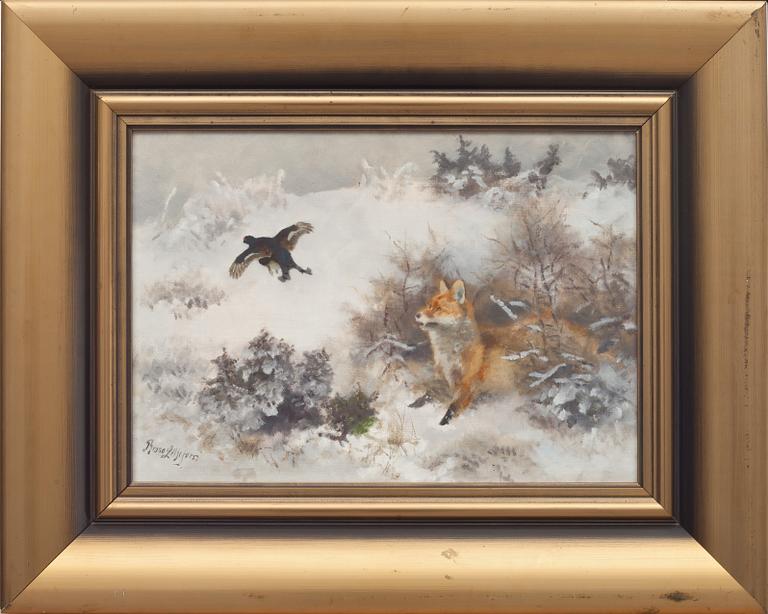 Bruno Liljefors, Winter landscape with fox and blackcock.