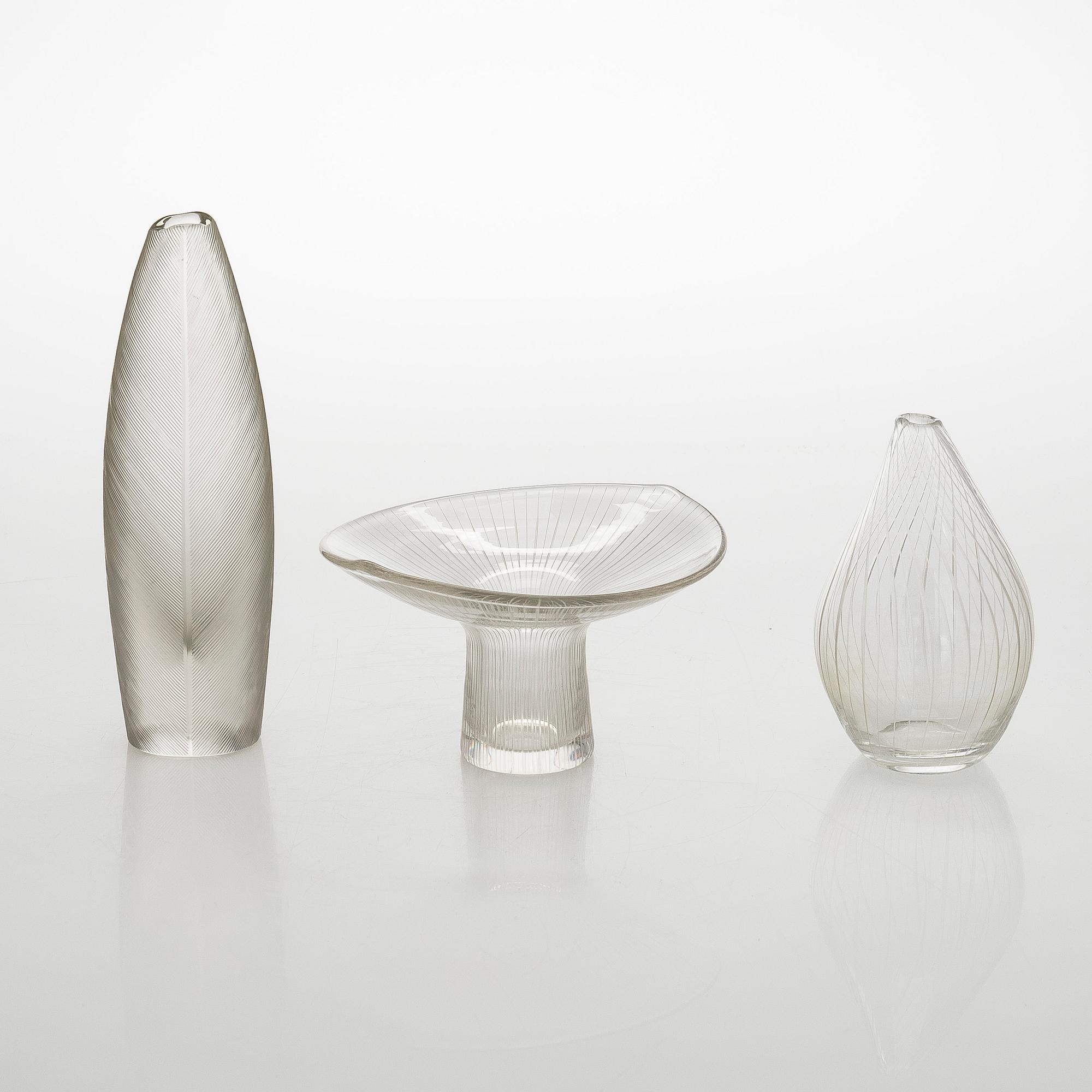 Tapio Wirkkala, Three glass vases / art glass objects, signed Tapio Wirkkala Iittala.