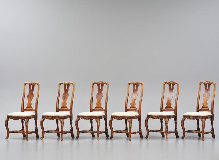 Stolar, sex stycken, Stockholmsarbeten, 1700-talets mitt,  tidig Rokoko.