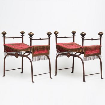 Scandinavian designer, possibly, a pair of iron and brass folding stools, 1920-30's.