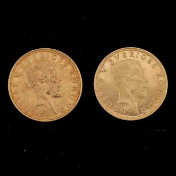 GULDMYNT, 2 st, 5 Kronor, Gustav V, Sverige 1920. Vikt ca gram.
