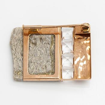 Matti Hyvärinen, brosch, 14K guld, bergskristall, glimmerskiffer, Sirokoru, Åbo.