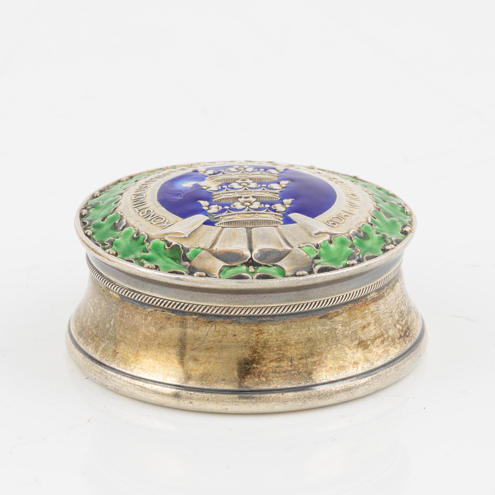 Ferdinand Boberg, a lidded box, silver and enamel. CG Hallberg Stockholm 1909.