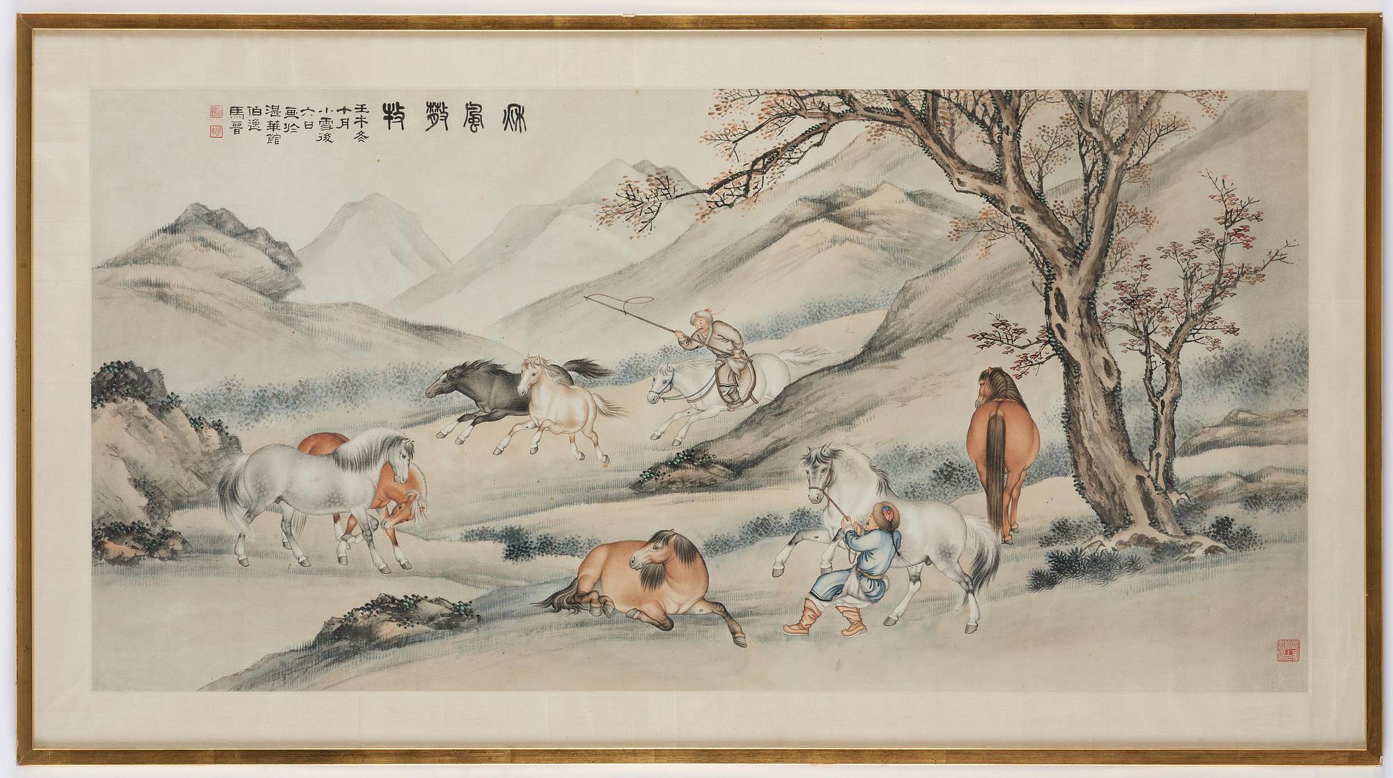 A Chinese scroll painting signed Ma Jin (1900-1970), dated 1942.