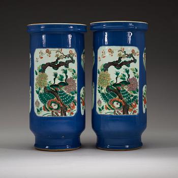 A pair of famille verte and powder blue vases/umbrella stands, Qing dynasty, circa 1900.