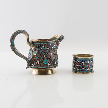 Cream jug and napkin ring Russia silver and enamel 1908-26.