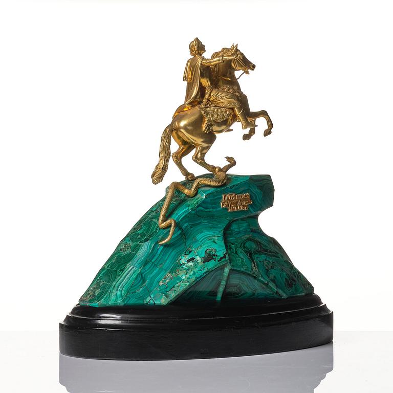A malachite and gilt bronze sculpture of Peter the Great on horseback after Falconet, 19th century.