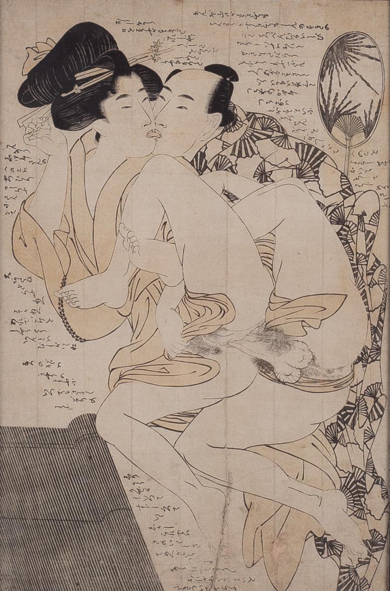 Oidentiferad konstnär, två träsnitt med erotiska s.k. 'shunga'-motiv, Japan, sen Meiji/1900-talets första hälft.