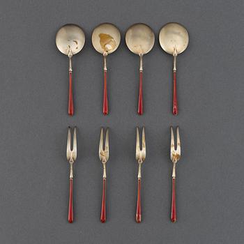 4+4 pc silver and enamel cutlery, J Tostrup, Oslo circa 1920.