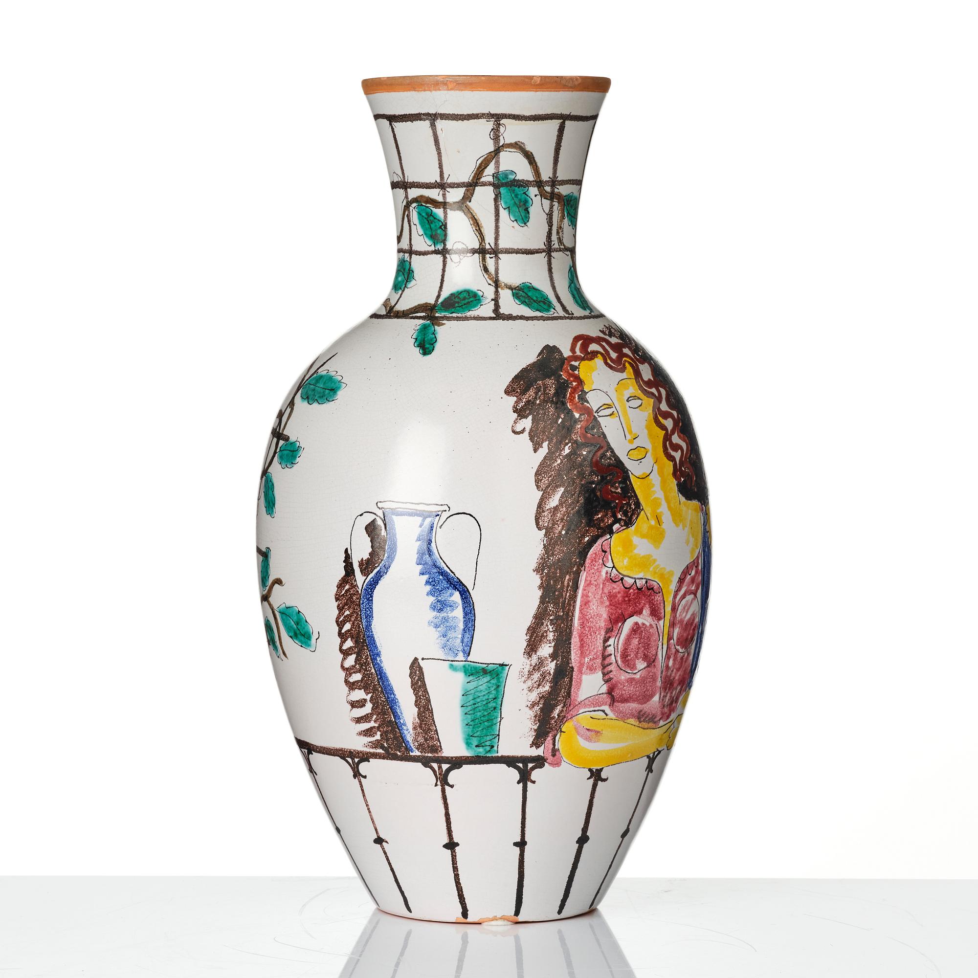 Wilhelm Kåge, a faience vase with handle, Gustavsberg Studio, Sweden, 1942.