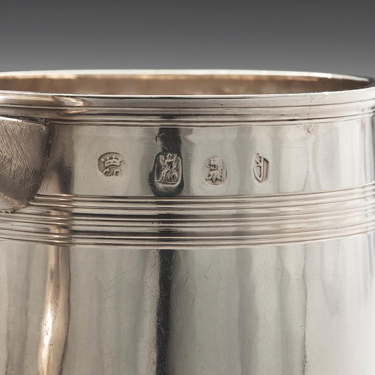 A pair of English early 18th century silver muggs, mark of John Cory, London 1704.