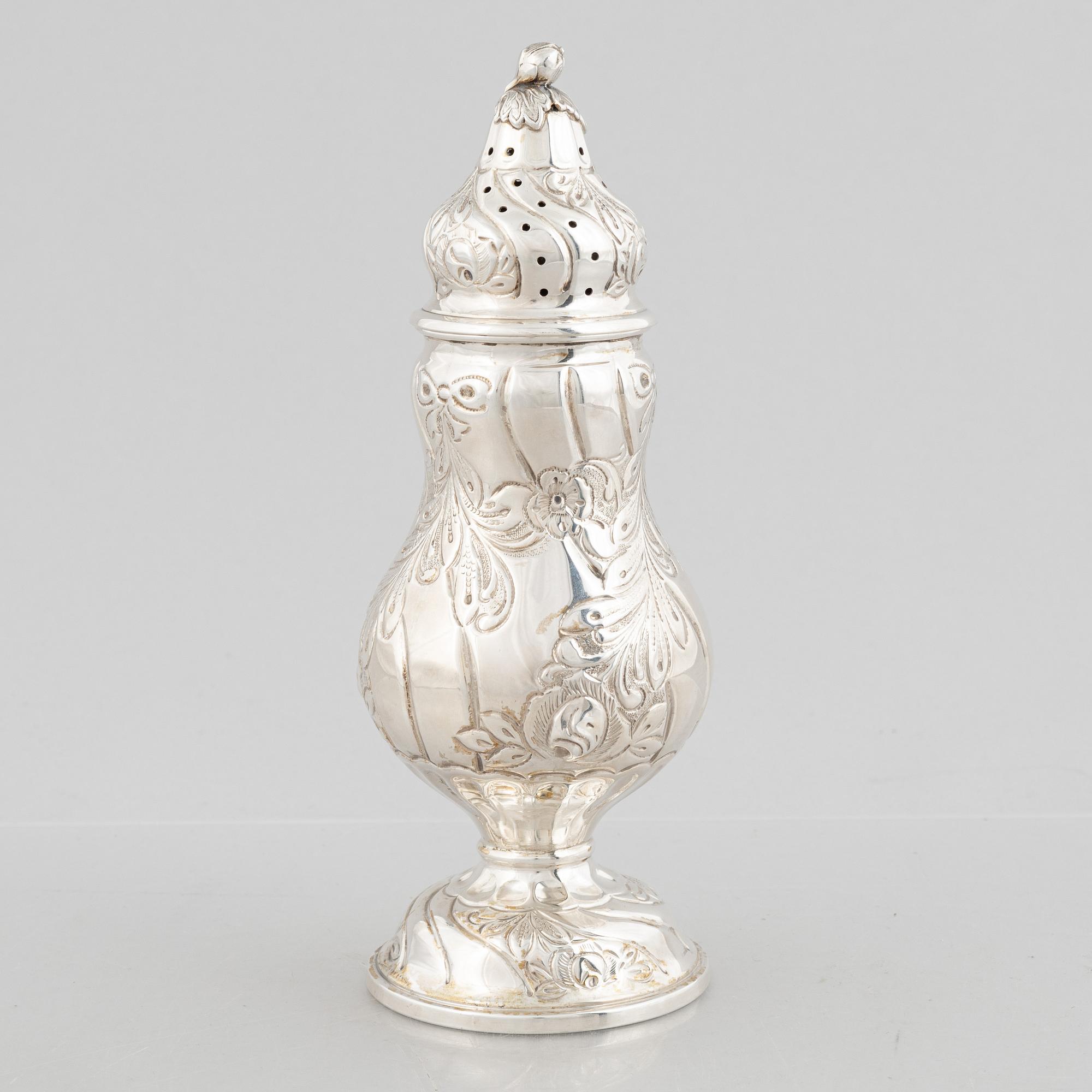 A Rococo style silver sugar caster, Swedish import marks, 20th Century.