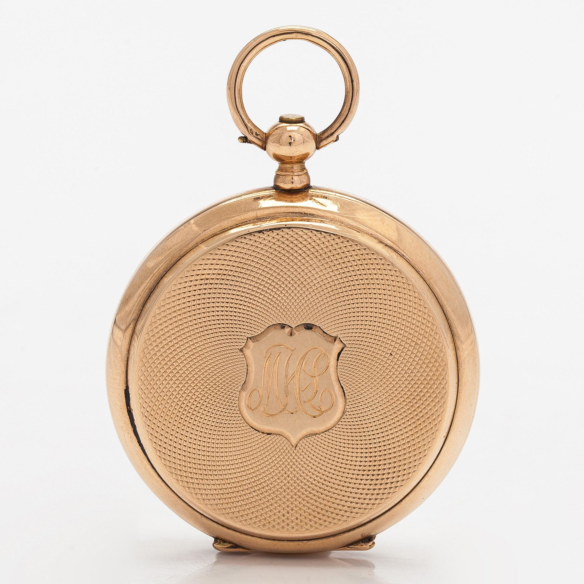 Pocket watch, Tobias, 34 mm, 14K gold, lever escapement, plastic crystal.