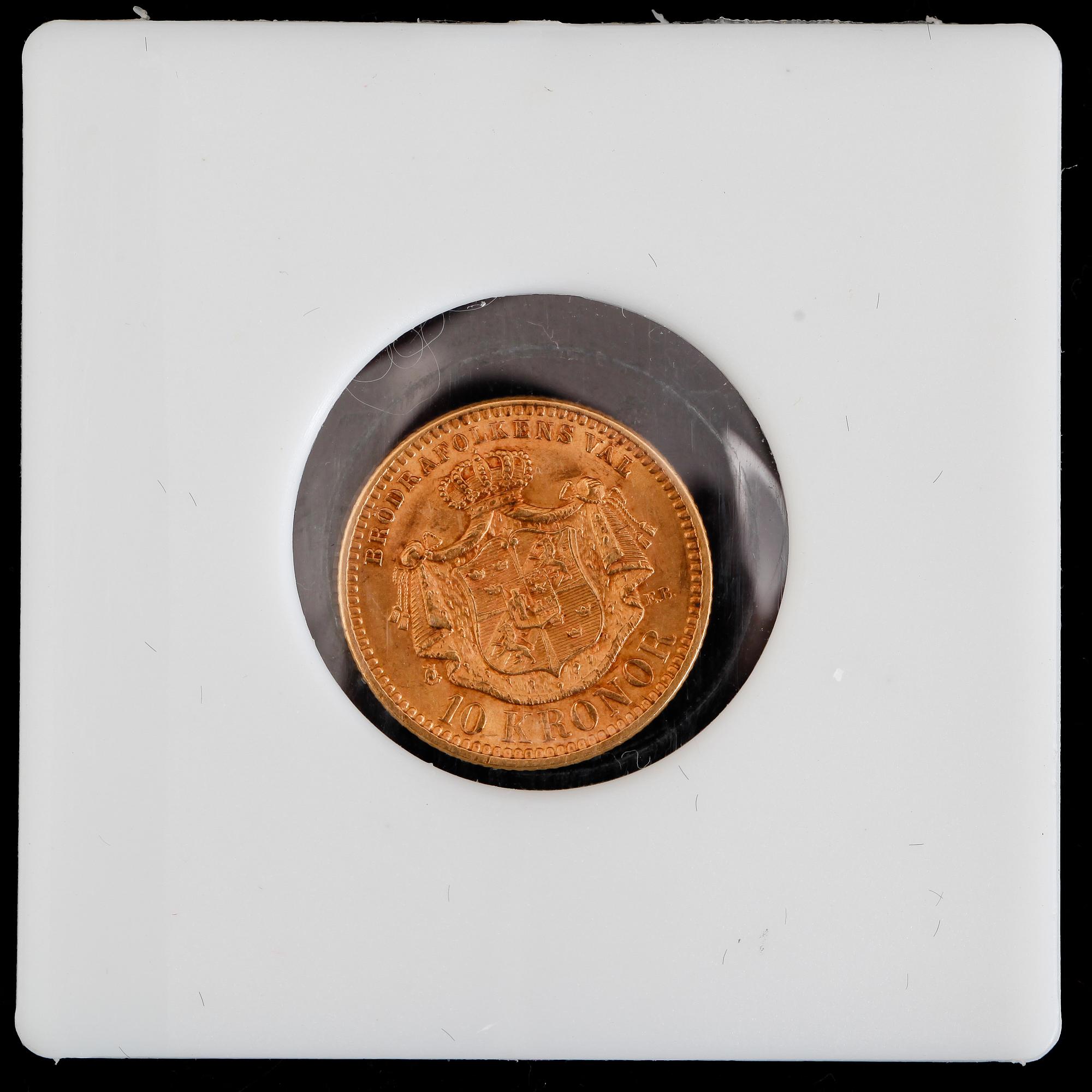 GULDMYNT, 10 kronor, Oscar II, 1901. Vikt ca 4 gram.
