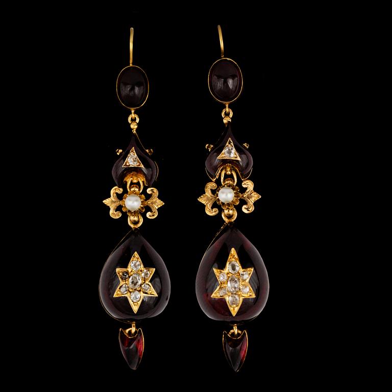 A pair of garnet and antique cut diamond earrings, c.1900.