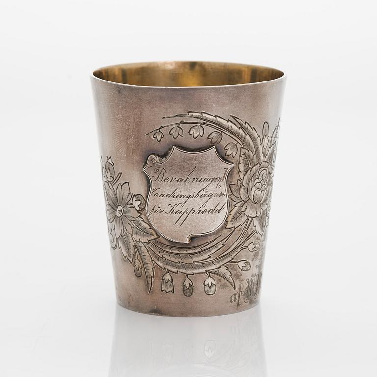 Alexander Fuld, a parcel-gilt beaker, Moscow 1895. In an oak case marked I.E. Morozov St. Petersburg.