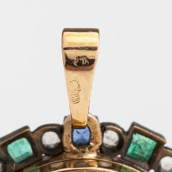 HÄNGE/MEDALJONG, 14K guld, silver, emalj, rosenslipade diamanter ca 1.00 ct, rubiner, smaragder och safirer.